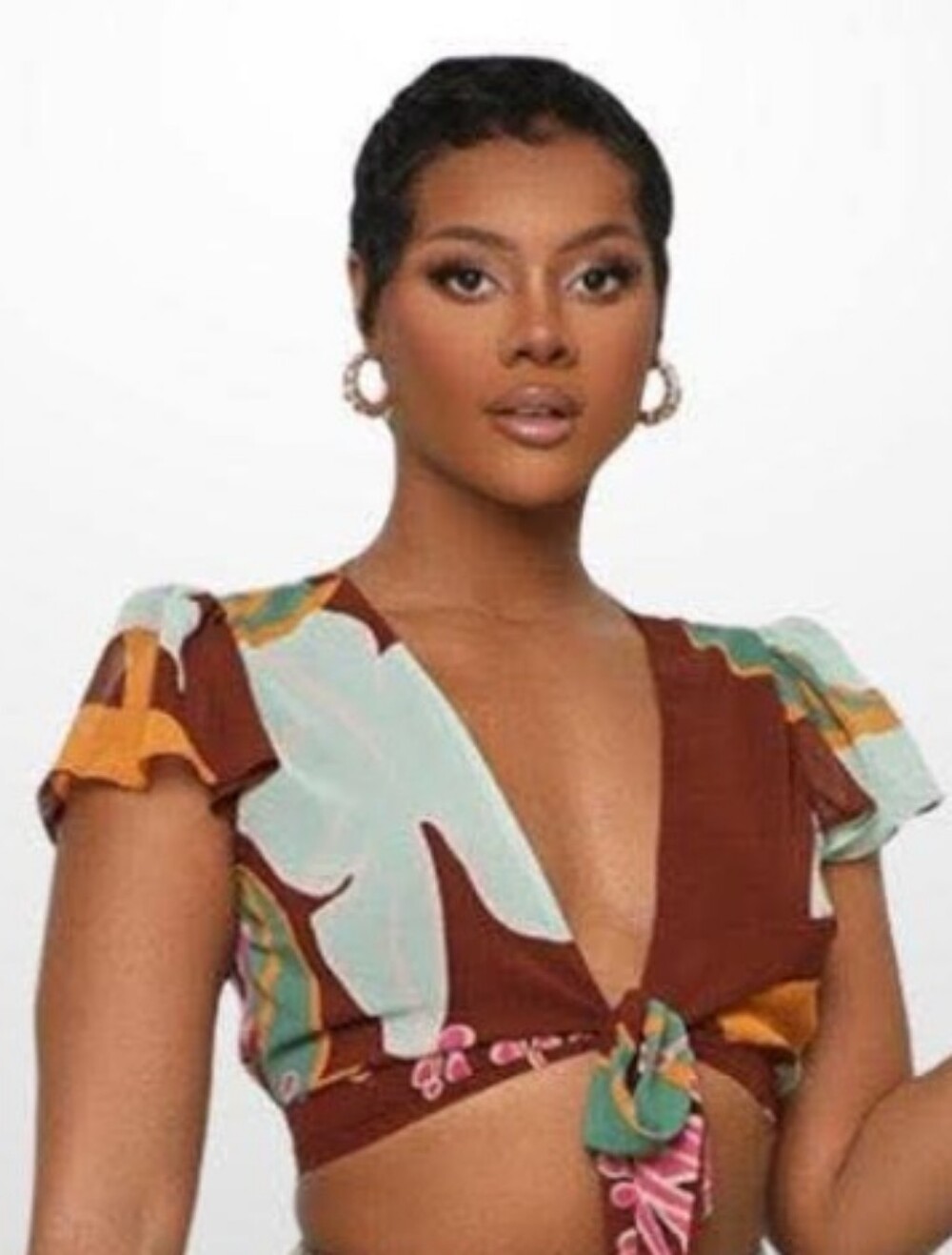 Luxxel Brown Teal Mustard Pink Abstract Tie-Front Crop Top